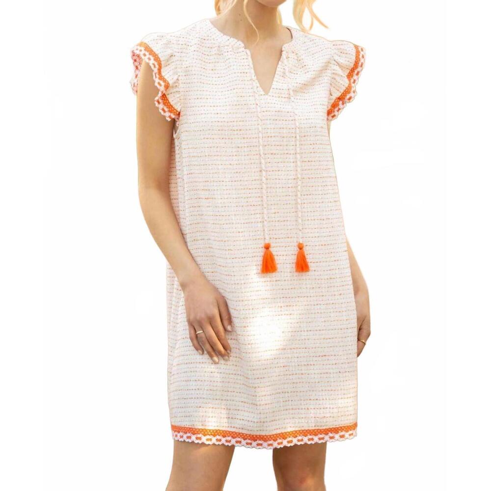 Light Pink Mini Dress with Orange Trim and Tassels